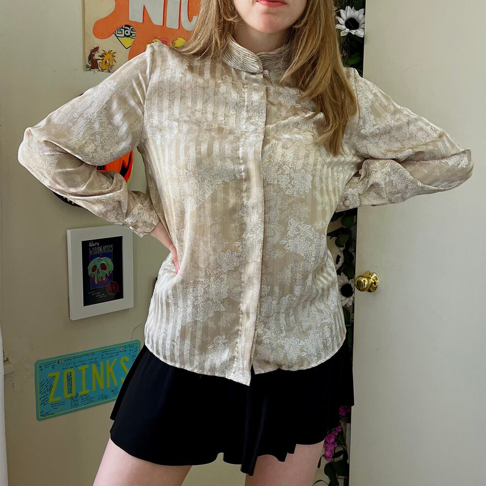 Vintage 1980s Alfred Dunner Cream Floral Striped  Satin Blouse Size 10